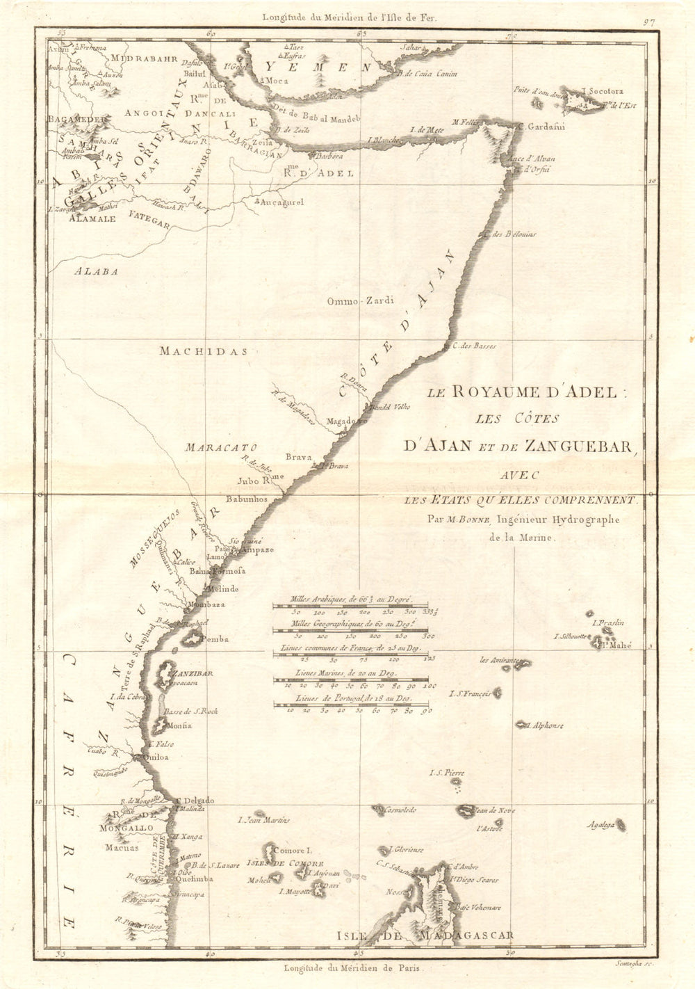 Le Royaume d’Adel… Ajan & Zanguebar. Adal Ajuran. Kenya Tanzania. BONNE 1790 map