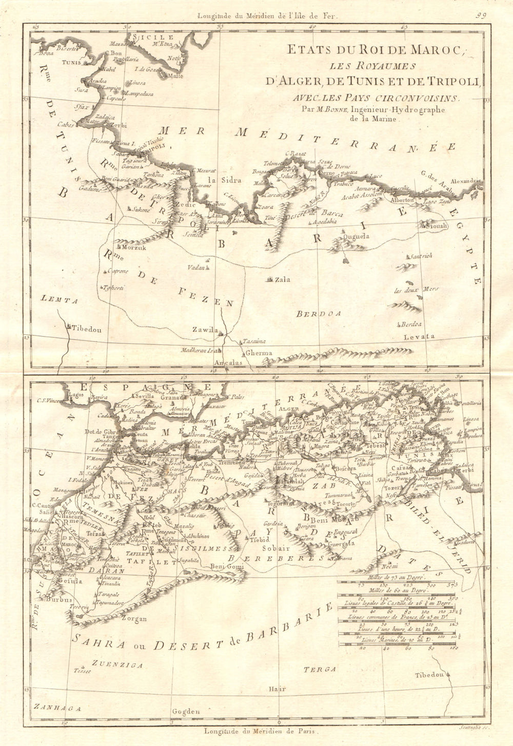 États du Roi de Maroc… d’Alger, Tunis & Tripoli. North Africa. BONNE 1790 map