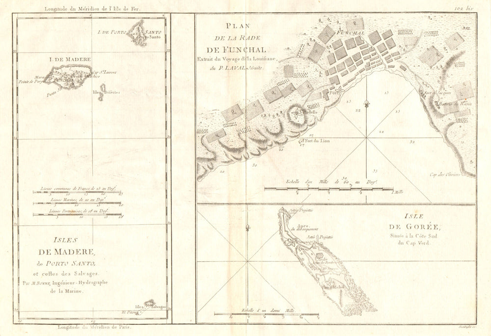 Isles de Madere, Porto Santo & Gorée. Funchal harbour. Madeira. BONNE 1790 map