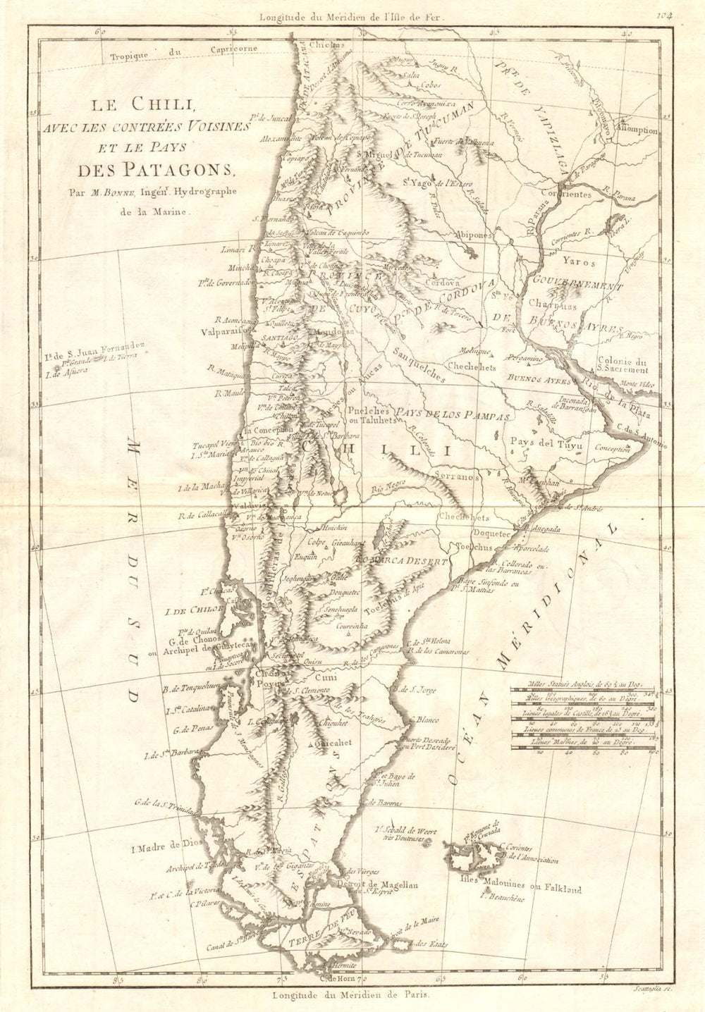 Le Chili… et les pays des Patagons. Chile Argentina Patagonia. BONNE 1790 map