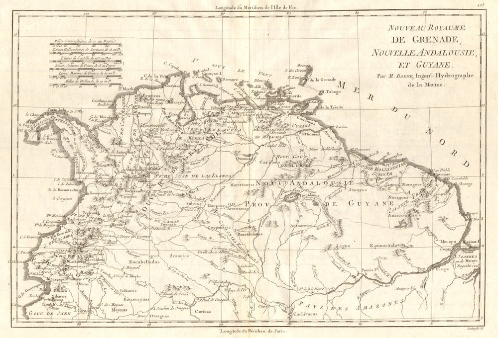 Nouveau Royaume de Grenade, Nouvelle Andalousie et Guyane. BONNE 1790 old map