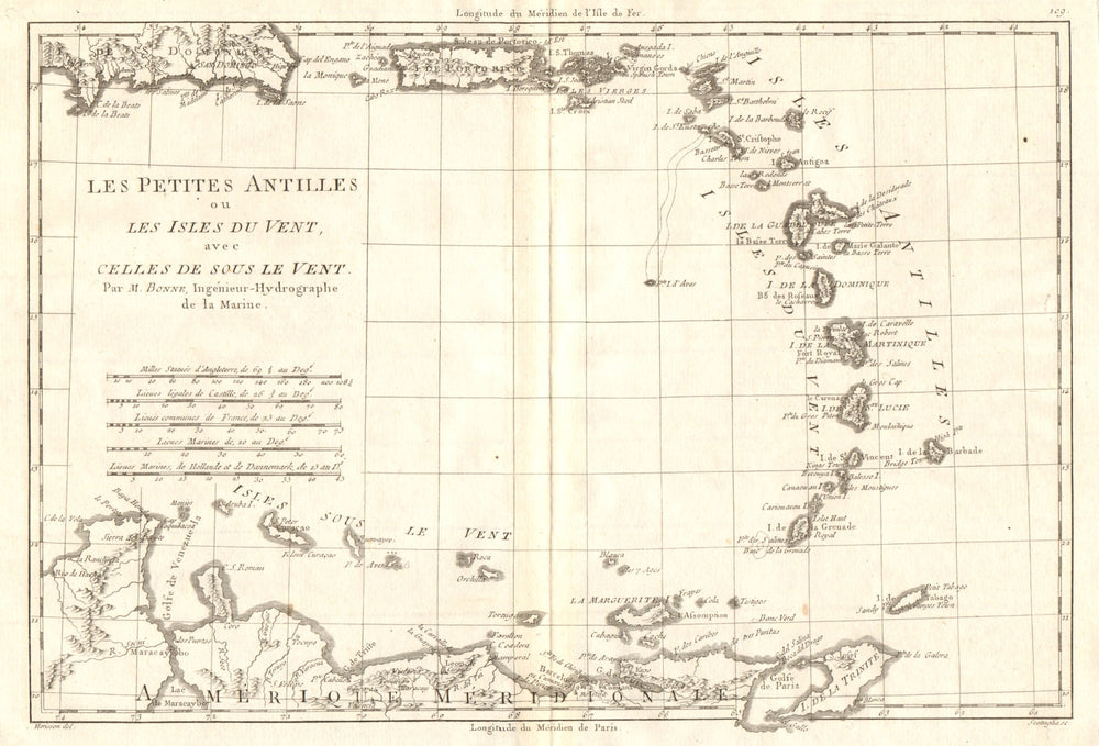 Les Petites Antilles ou les Isles du Vent… West Indies Caribbean. BONNE 1790 map
