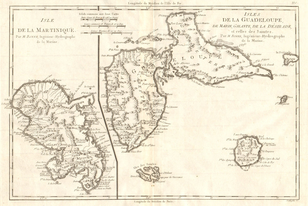 Martinique, Guadeloupe, Marie-Galante, La Désirade & Saintes. BONNE 1790 map