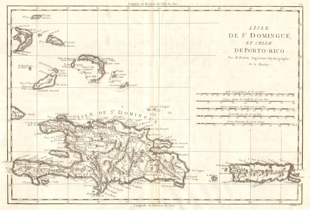 L’Isle de St Domingue et… Porto-Rico. Hispaniola & Puerto Rico. BONNE 1790 map