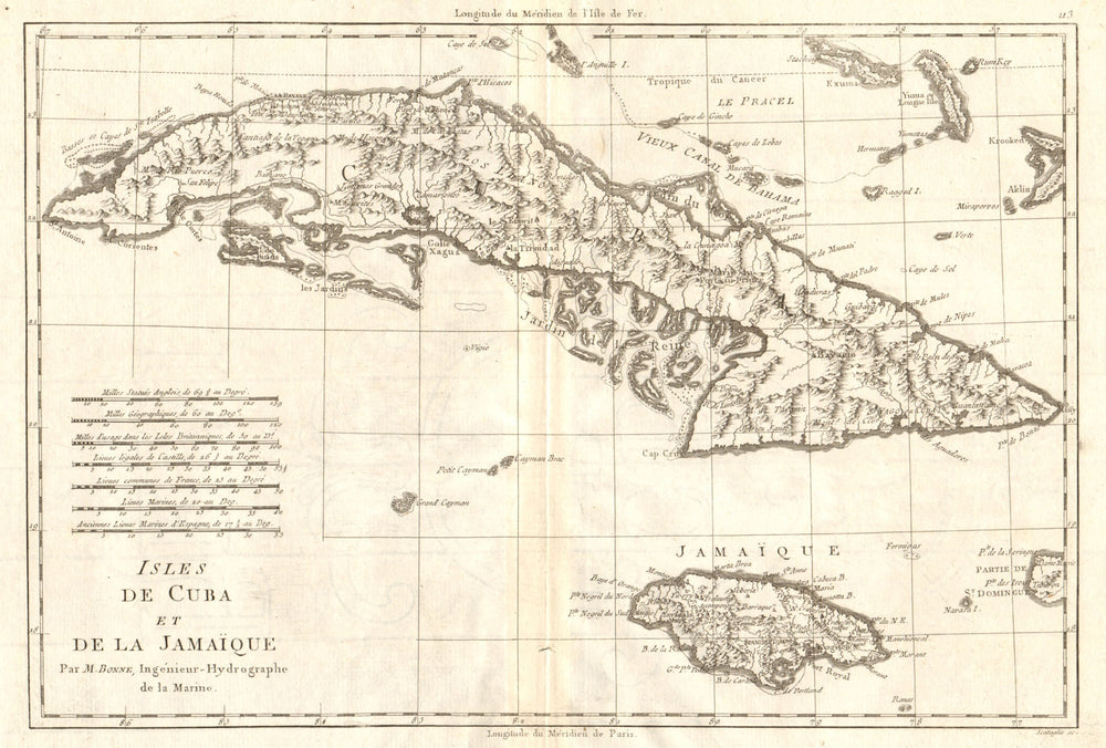 Isles de Cuba et de la Jamaïque. The islands of Cuba and Jamaica. BONNE 1790 map