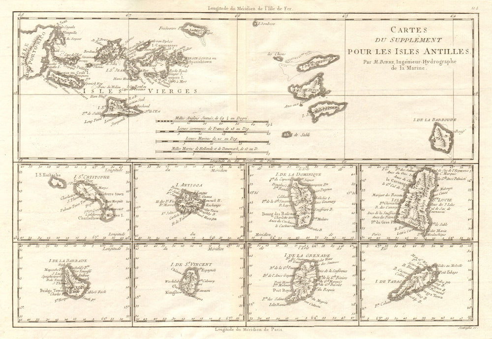 Cartes de supplément pour les Isles Antilles. West Indies Islands BONNE 1790 map