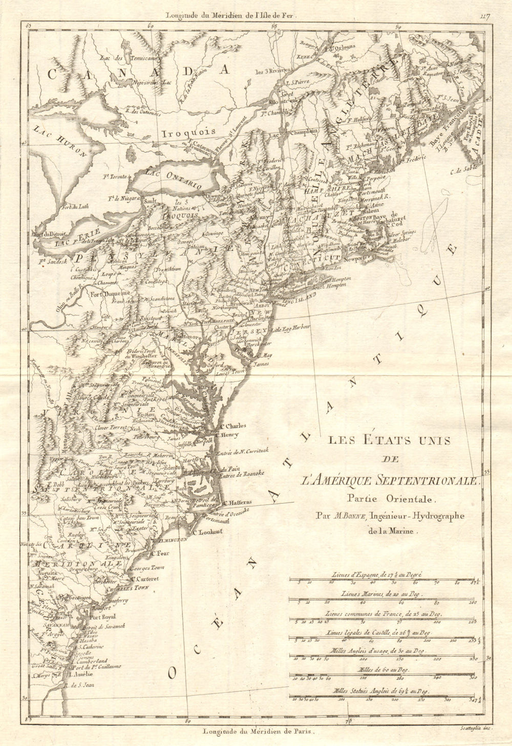 Les Etats Unis de l'Amérique Septentrionale, partie Orientale. BONNE 1790 map