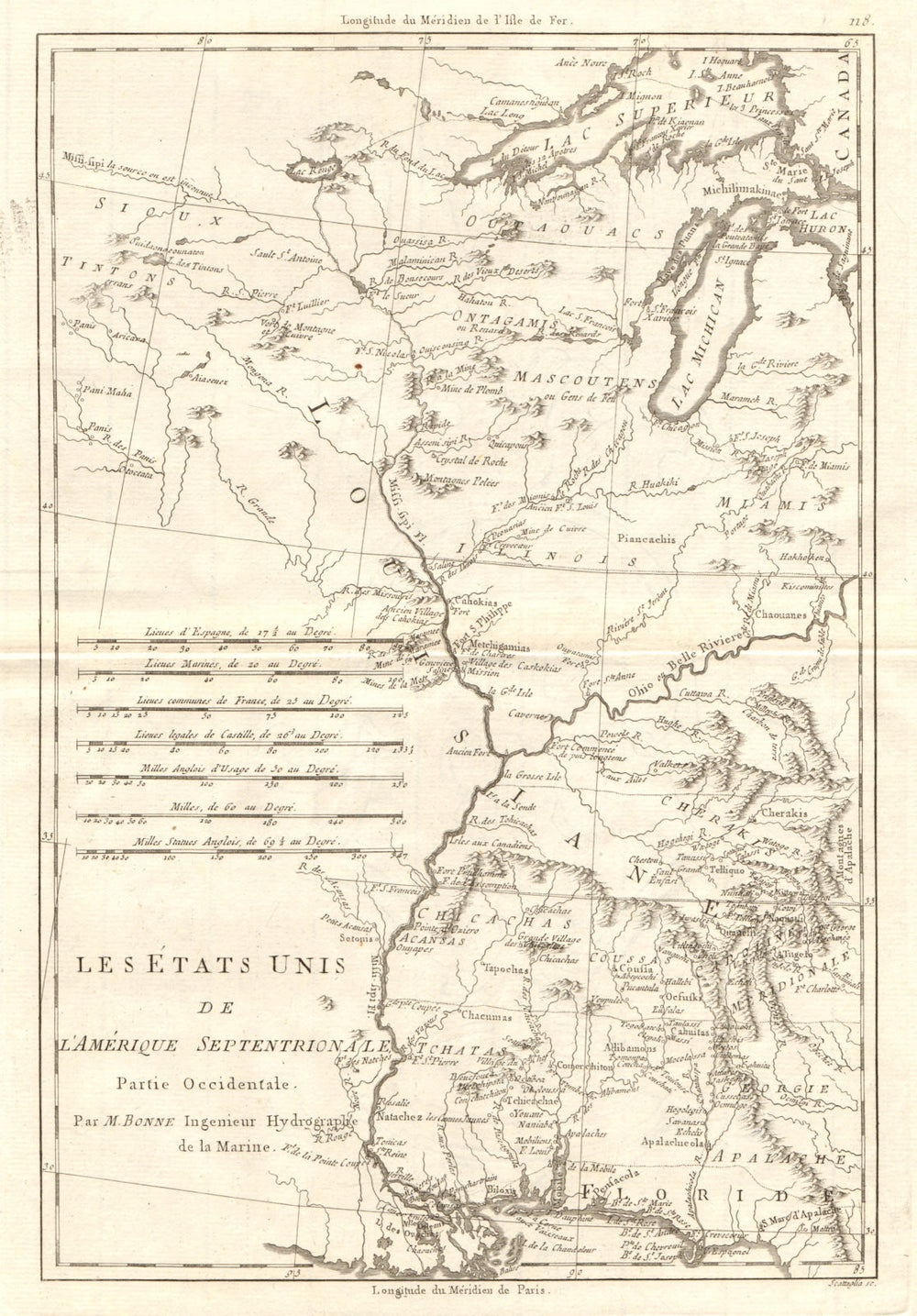 Les Etats Unis de I'Amérique Septentrionale, partie Occidentale. BONNE 1790 map