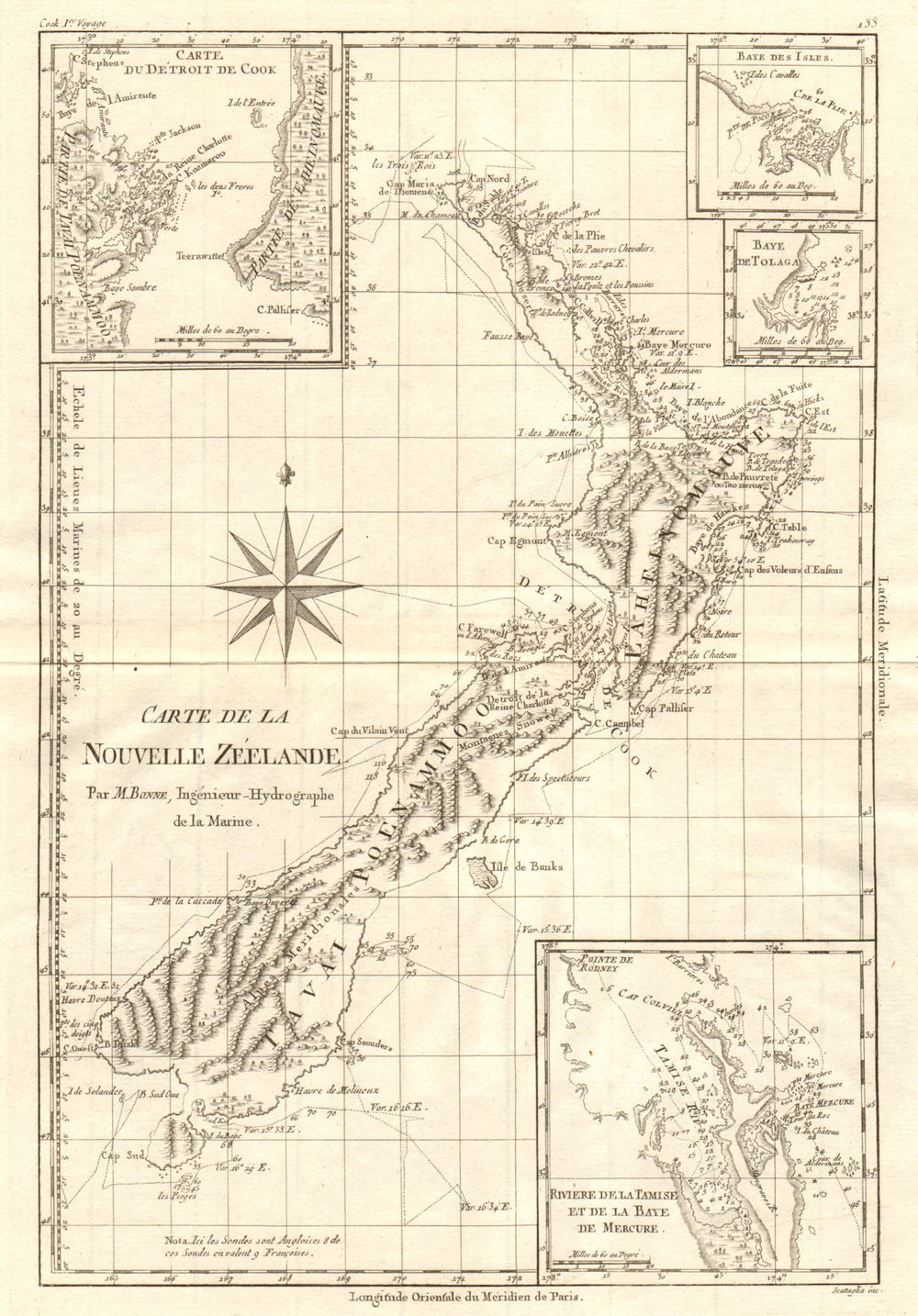 Carte de la Nouvelle Zéelande. New Zealand. Cook Strait. Thames. BONNE 1790 map
