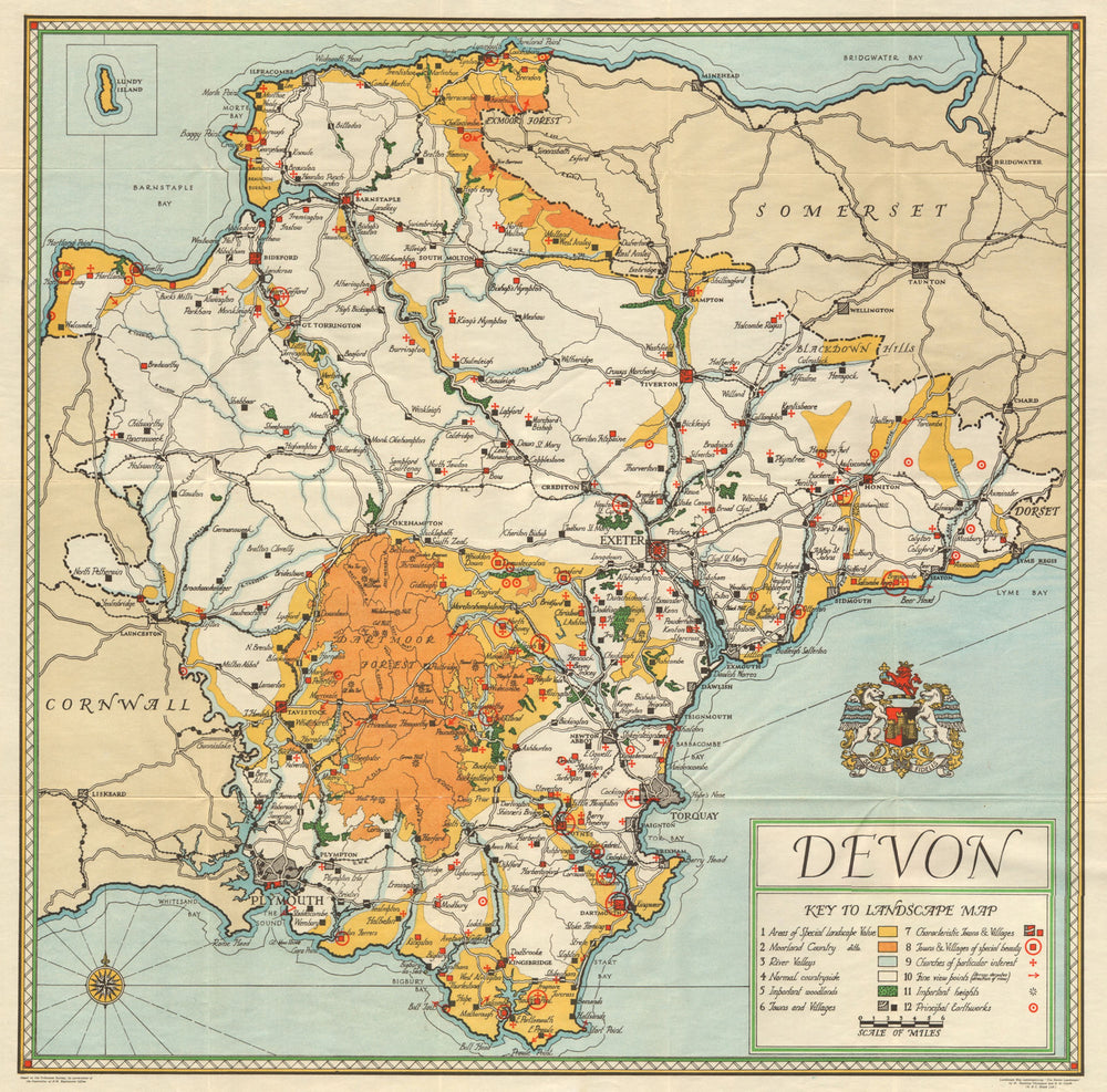 Vintage Devon county tourist map by William Harding Thompson 1934 old