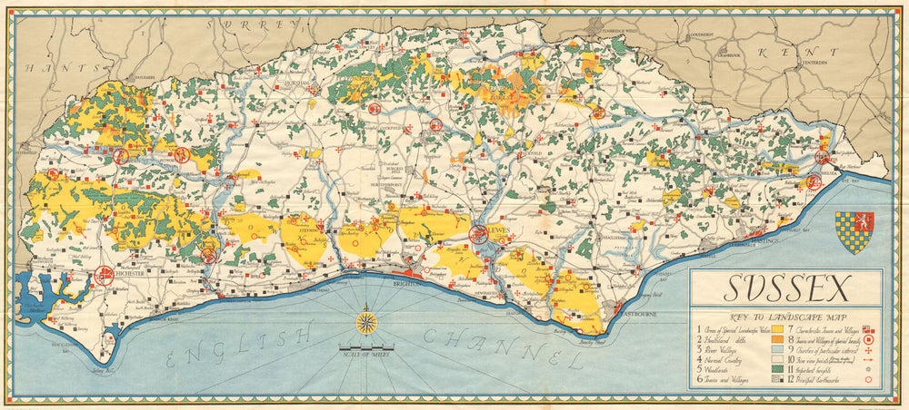 Vintage Sussex county tourist map by William Harding Thompson 1935 old