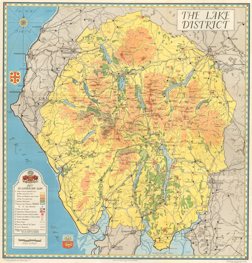 Vintage English Lake District tourist map by Harding Thompson. Cumbria 1938