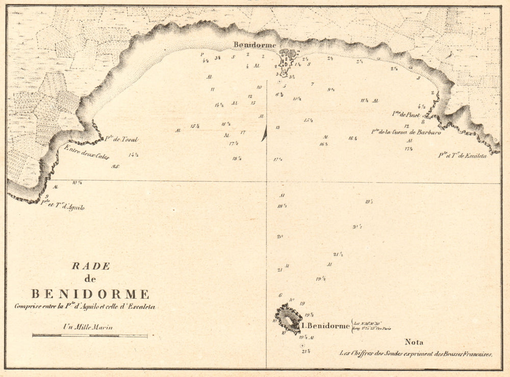 Benidorm Bay. 'Rade de Benidorme'. Spain. GAUTTIER 1851 old antique map chart