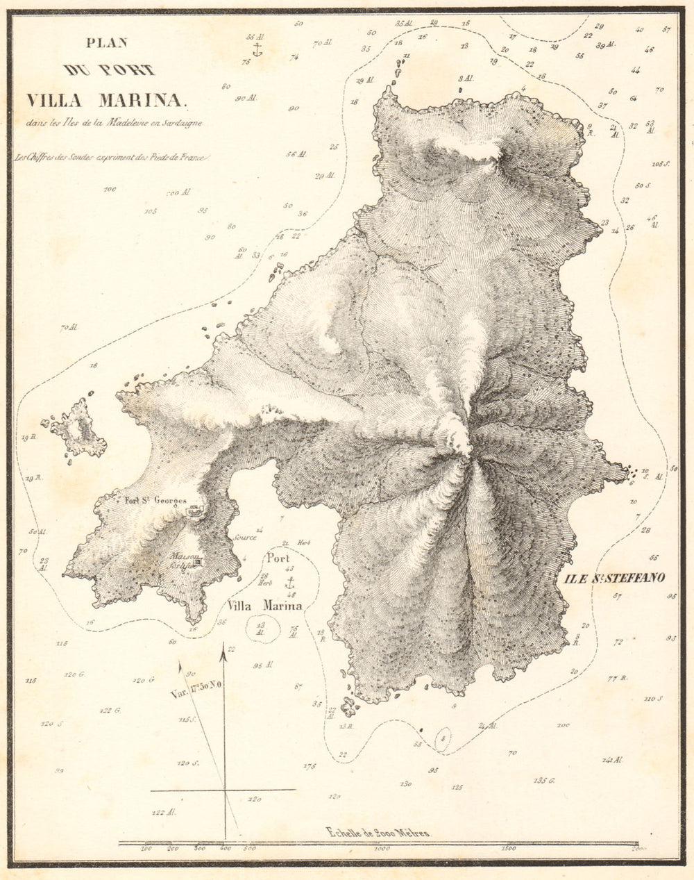 Santo Stefano, Maddalena. 'Port Villa Marina'. Sardinia. GAUTTIER 1851 old map