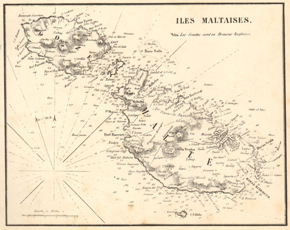 The Maltese Islands. 'Iles Maltaises'. Malta & Gozo. GAUTTIER 1851 old map
