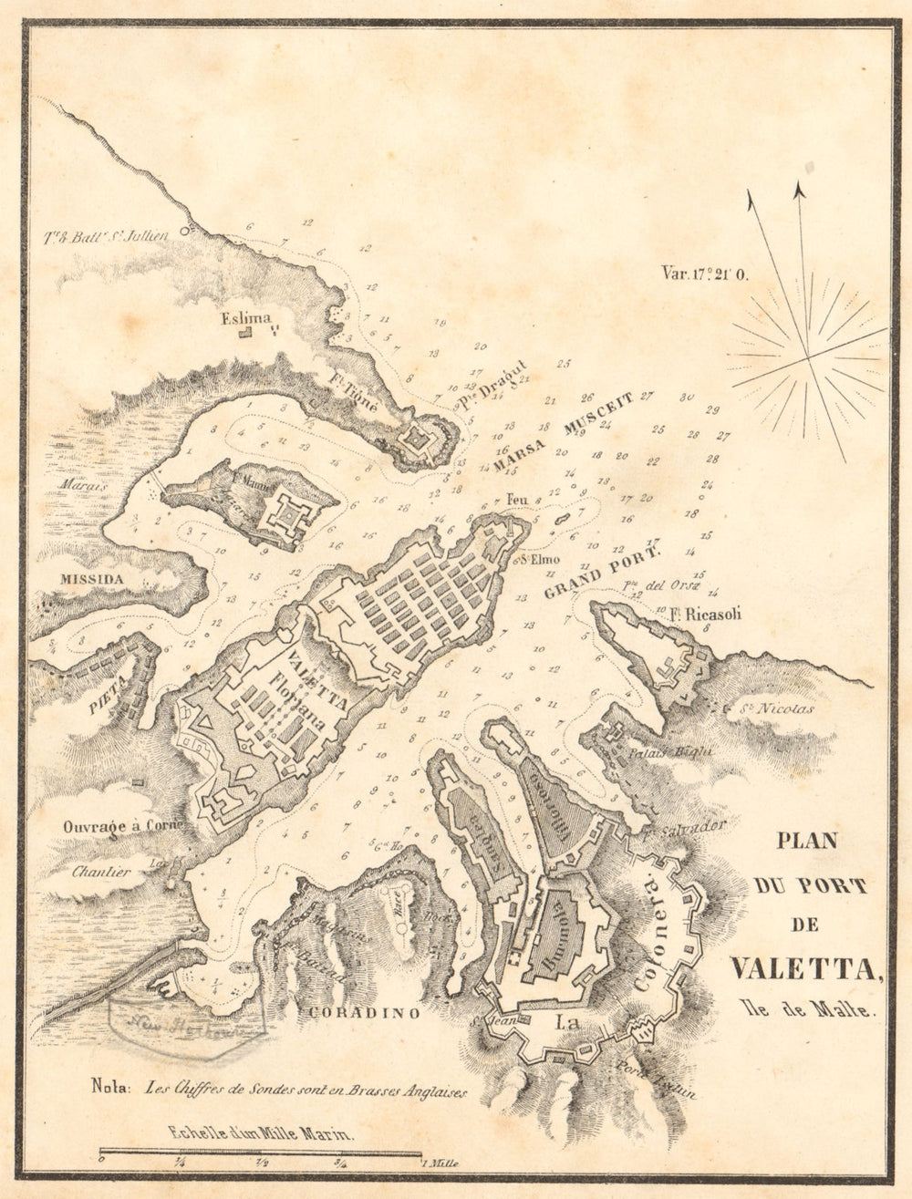 Valletta, Malta. 'Plan du Port de Valetta, Ile de Malte'. GAUTTIER 1851 map