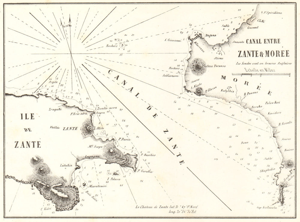 Zakynthos channel. 'Canal entre Zante & Moree'. Greece. GAUTTIER 1854 old map