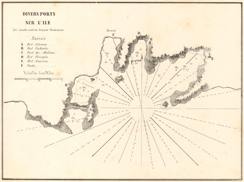 Kythnos coastline. 'Divers Ports sur L'ile'. Greece. GAUTTIER 1854 old map