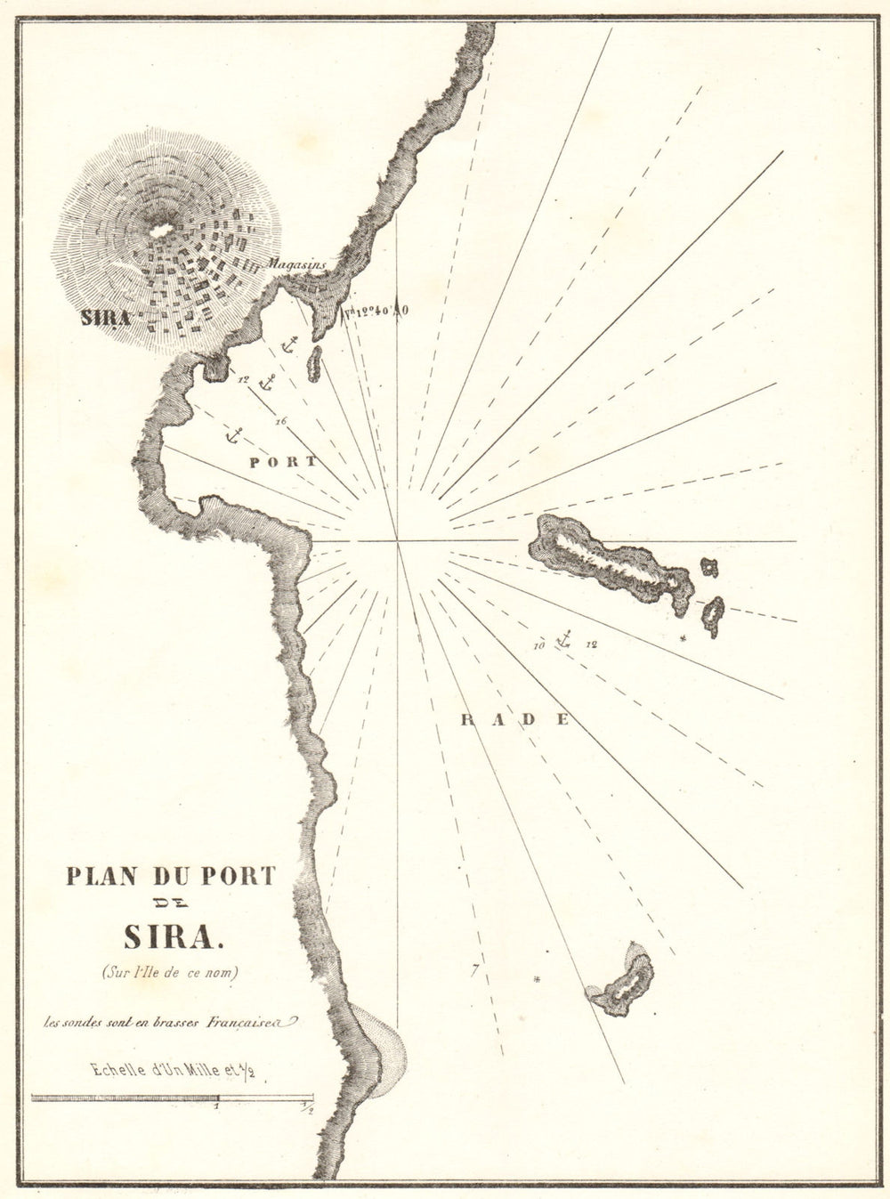 Ermoupoli, Syros. 'Plan du Port de Sira'. Greece. GAUTTIER 1854 old map