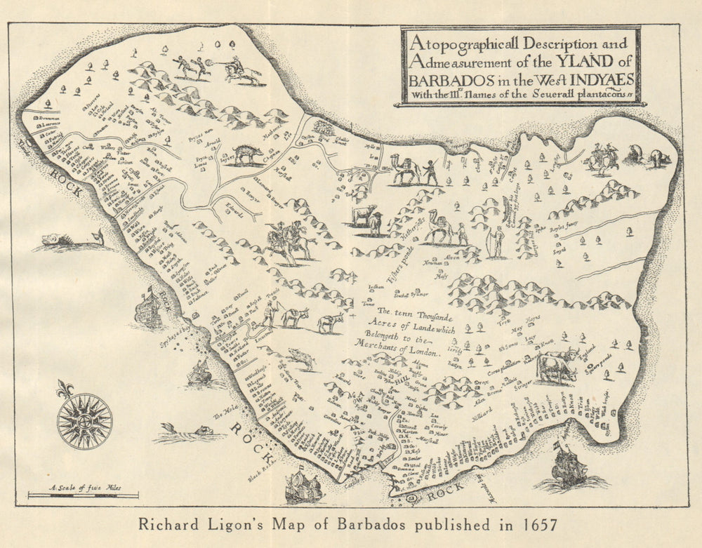 "YLAND OF BARBADOS". Plantations. After Ligon 1657. West Indies 1931 old map