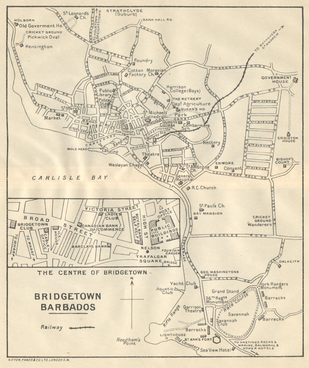 BRIDGETOWN. Vintage town map. Barbados. West Indies. Caribbean 1931 old