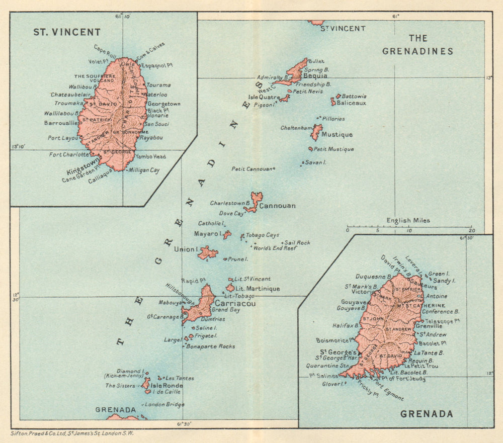 ST VINCENT, GRENADA & THE GRENADINES. Lesser Antilles. West Indies 1931 map