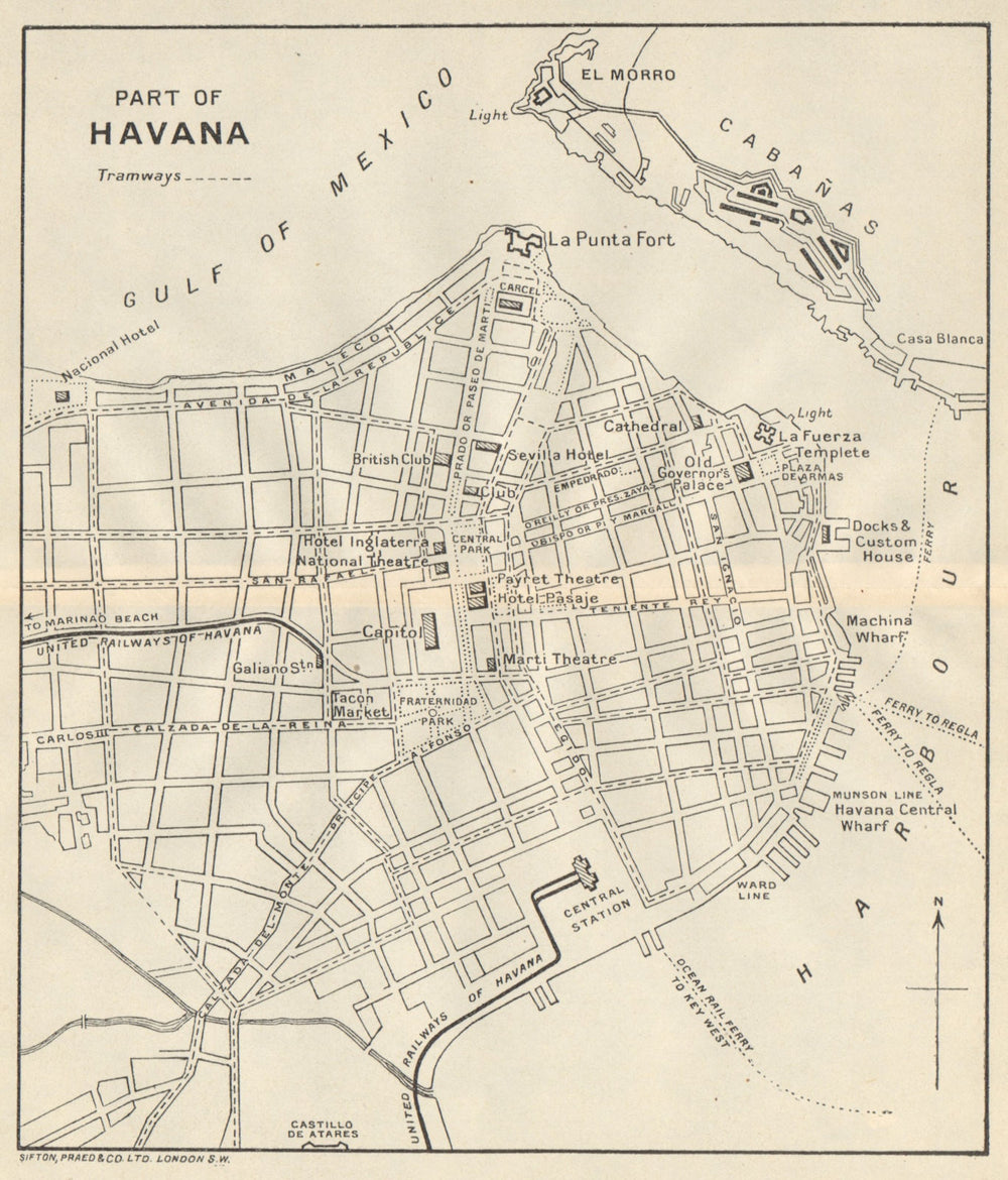 HAVANA. Vintage town plan. Railways & streetcar lines. Cuba. Caribbean 1931 map