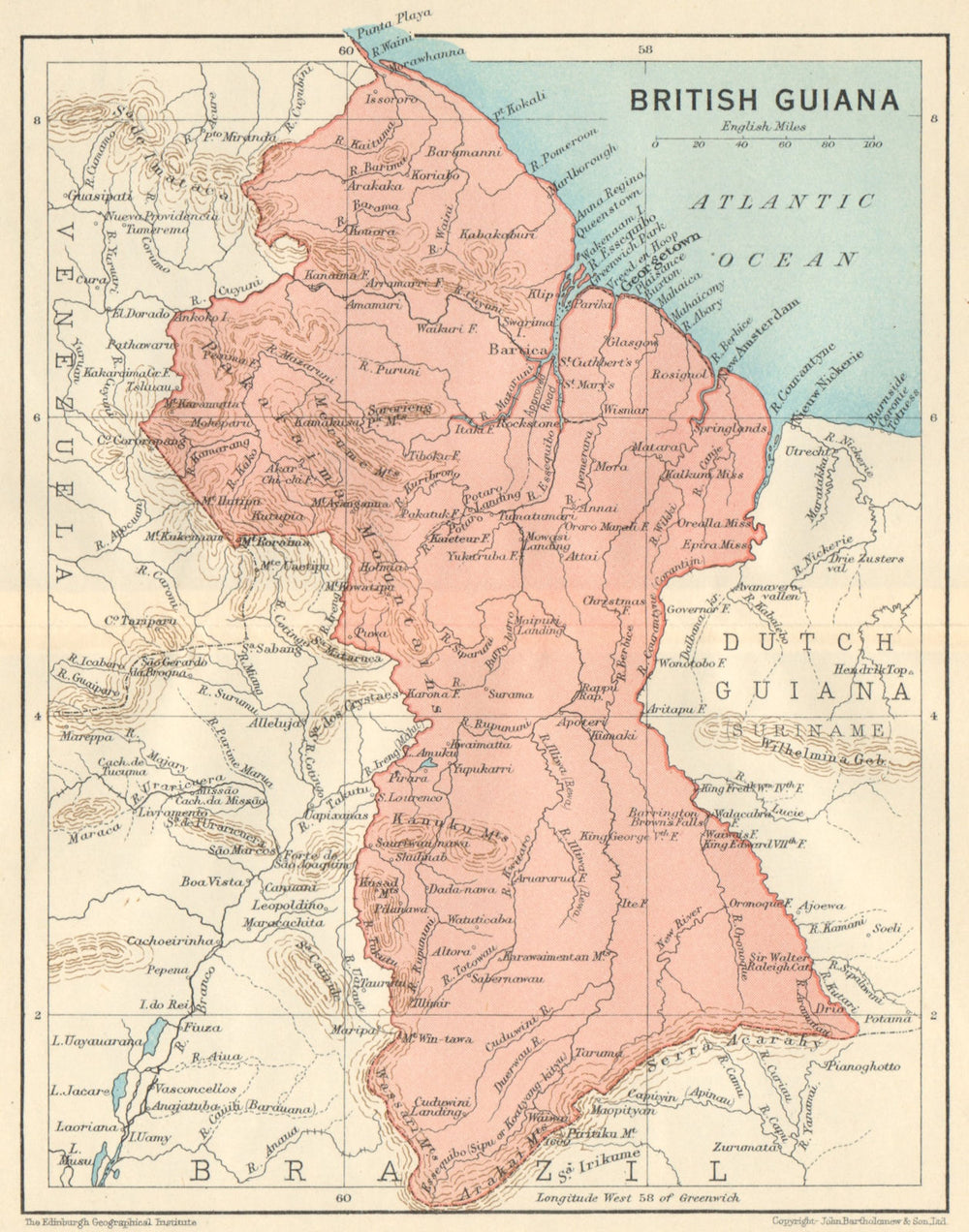 BRITISH GUIANA (GUYANA). Vintage map. Guyana. Caribbean 1931 old vintage