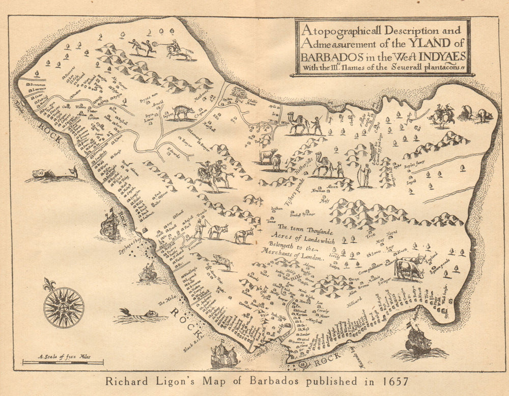 "YLAND OF BARBADOS". Plantations. After Ligon 1657. West Indies 1935 old map