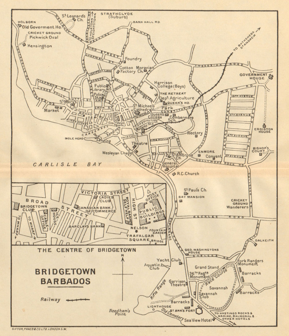 BRIDGETOWN. Vintage town map. Barbados. West Indies. Caribbean 1935 old