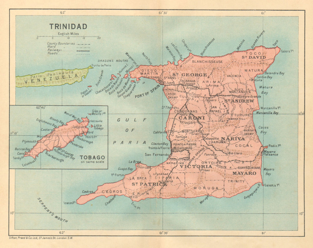 TRINIDAD. Vintage map. West Indies. Caribbean 1935 old vintage plan chart