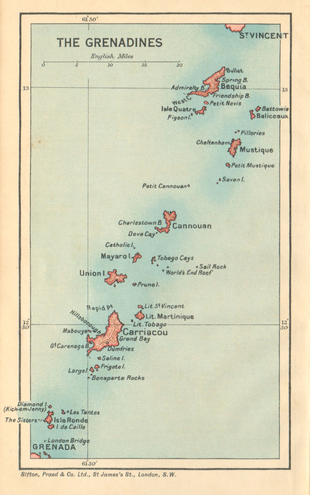 THE GRENADINES. Bequia Carriacou Union Mustique Canouan. West Indies 1935 map