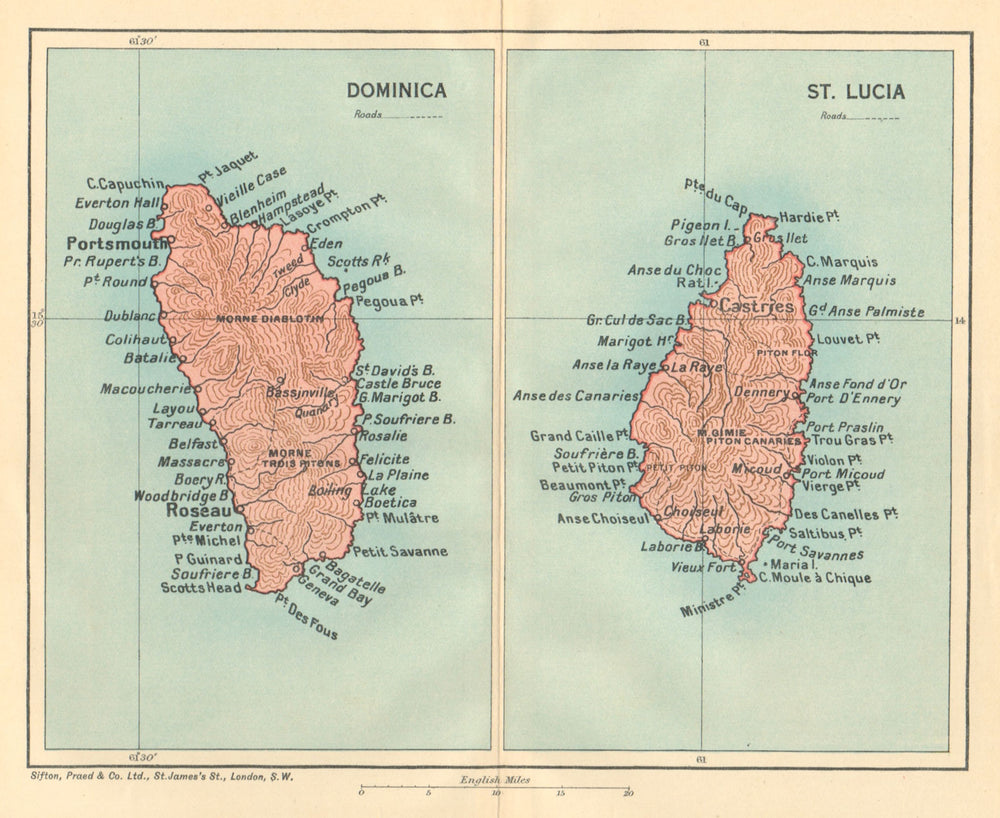 DOMINICA & ST LUCIA. Vintage map. West Indies Caribbean 1935 old vintage
