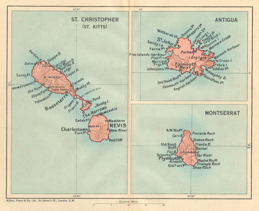 ST CHRISTOPHER (ST KITTS), ANTIGUA & MONTSERRAT. West Indies Caribbean 1935 map