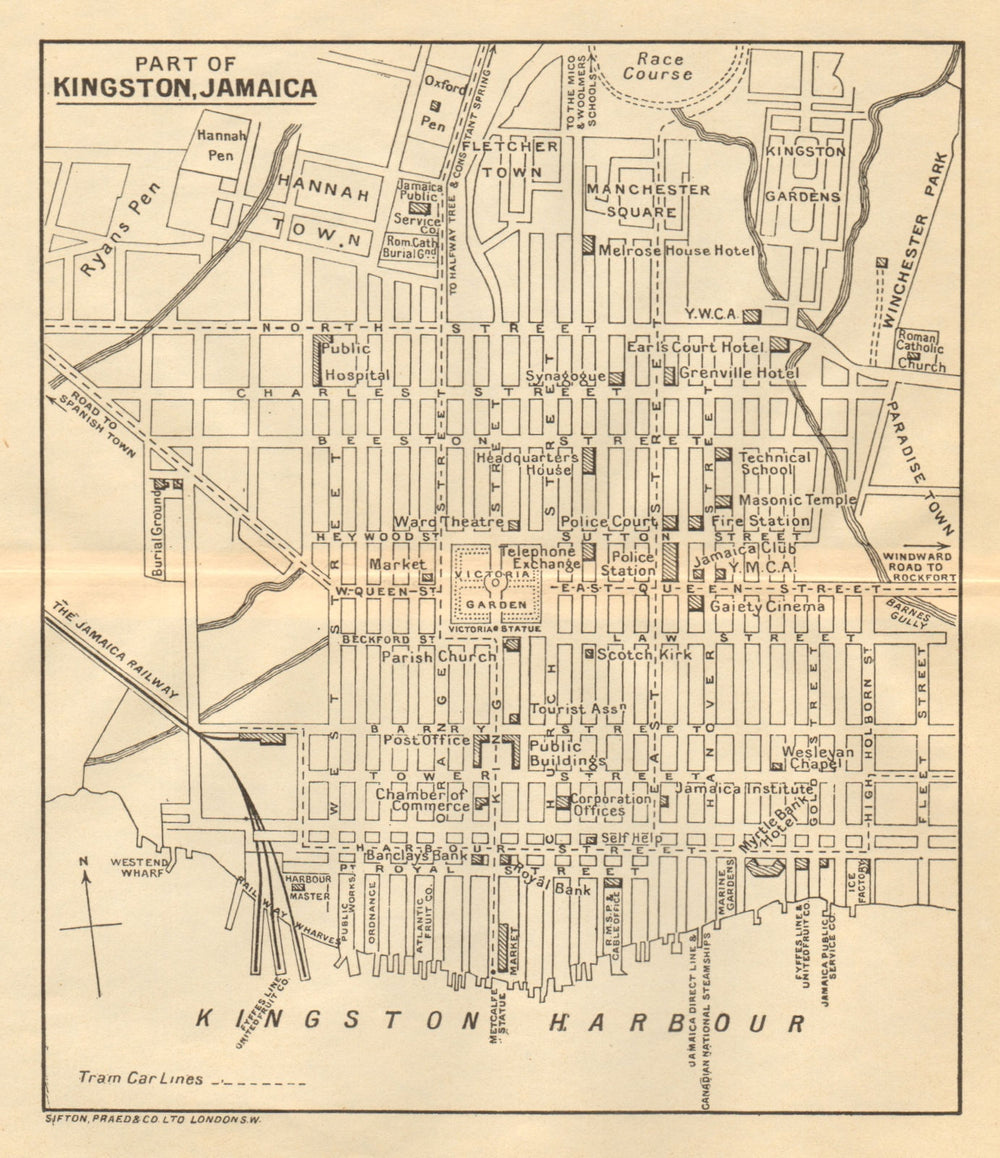 KINGSTON JAMAICA. Vintage town plan. West Indies. Caribbean 1935 old map