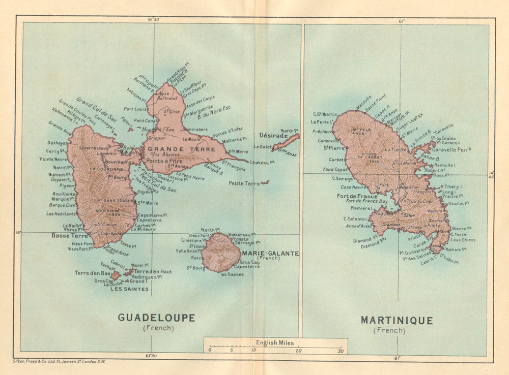 ANTILLES FRANÇAISES. Martinique Guadeloupe. French West Indies vintage map 1935
