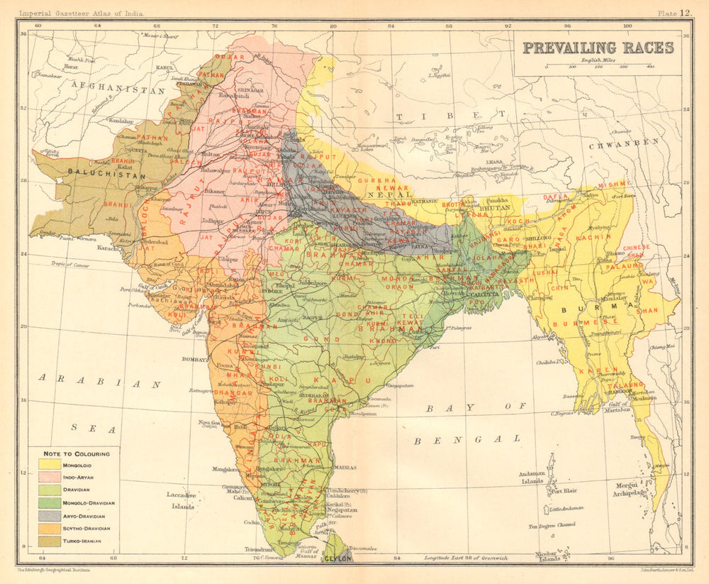 SOUTH ASIA. BRITISH INDIA. Prevailing Races. Dravidian Mongoloid Aryan 1931 map