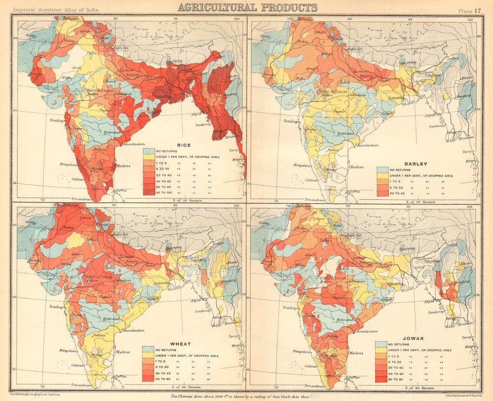 BRITISH INDIA Food-grains Agriculture produce Wheat Rice Barley Jowar 1931 map