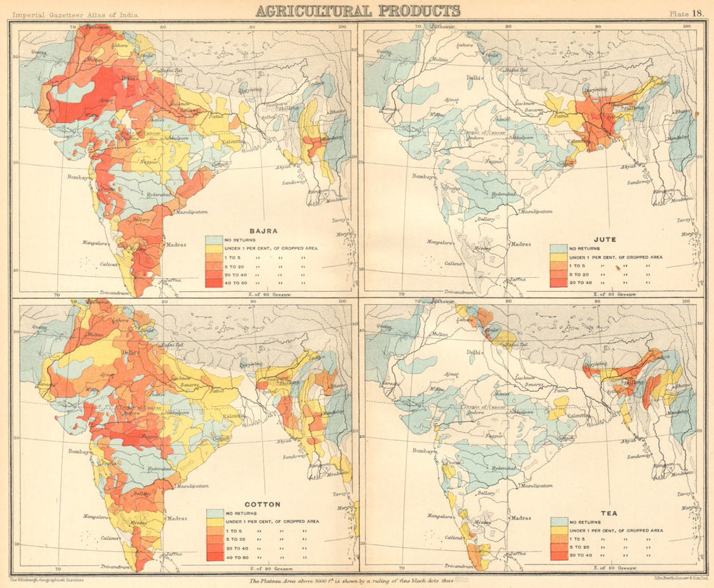 BRITISH INDIA Agricultural Produce. Cotton, Tea, Jute & Bajra 1931 old map