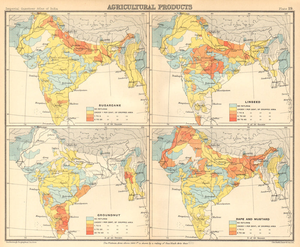 BRITISH INDIA Agricultural Produce. Sugarcane Groundnut Linseed Rape 1931 map
