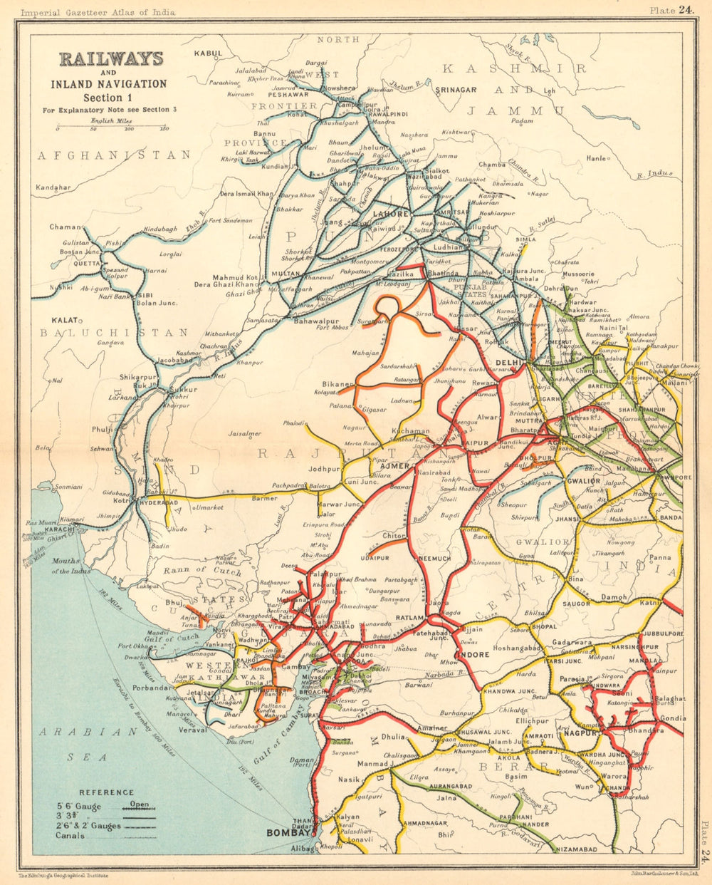 BRITISH INDIA RAILWAYS North-west. Pakistan Punjab Rajasthan Gujarat 1931 map