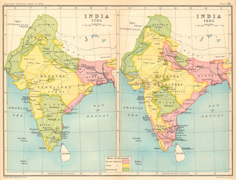 INDIA HISTORICAL. 1765 & 1805. British, Hindu & Muslim states 1931 old map