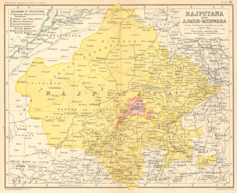 'Rajputana, with Ajmer-Merwara'. British India provinces. Rajasthan 1931 map