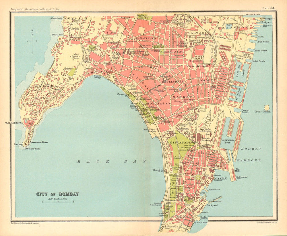 Bombay / Mumbai town city plan. Key buildings & docks. British India 1931 map