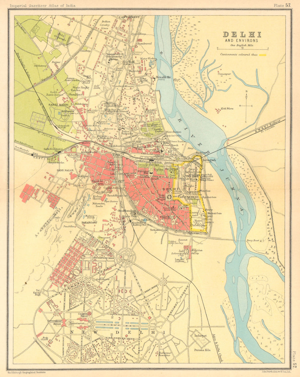 Delhi town city plan. Key buildings & Cantonment. British India 1931 old map