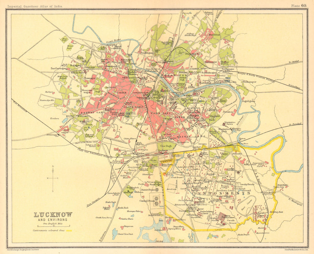 Lucknow town city plan. Cantonment & key buildings. British India 1931 ...