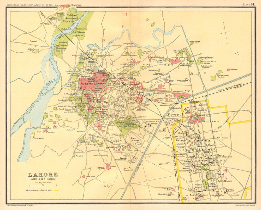 Lahore town city plan. Cantonment Key buildings. British India/Pakistan ...