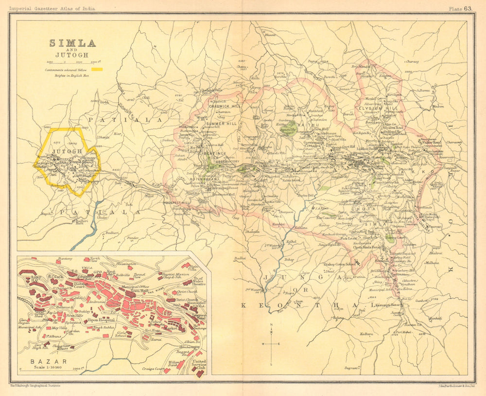 Simla / Shimla & Jutogh cantonment. Lakkar Bazaar. British India 1931 old map