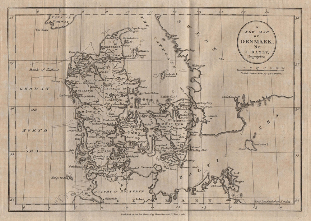 A New Map of Denmark. BAYLY 1782 old antique vintage plan chart