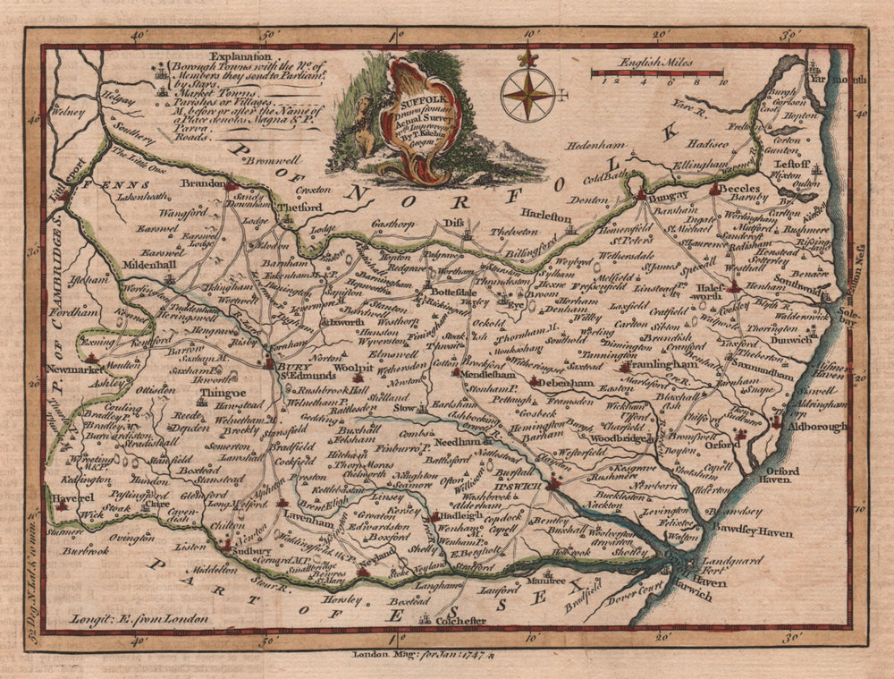 Suffolk drawn from an actual Survey. Thomas KITCHIN. County map 1747 old